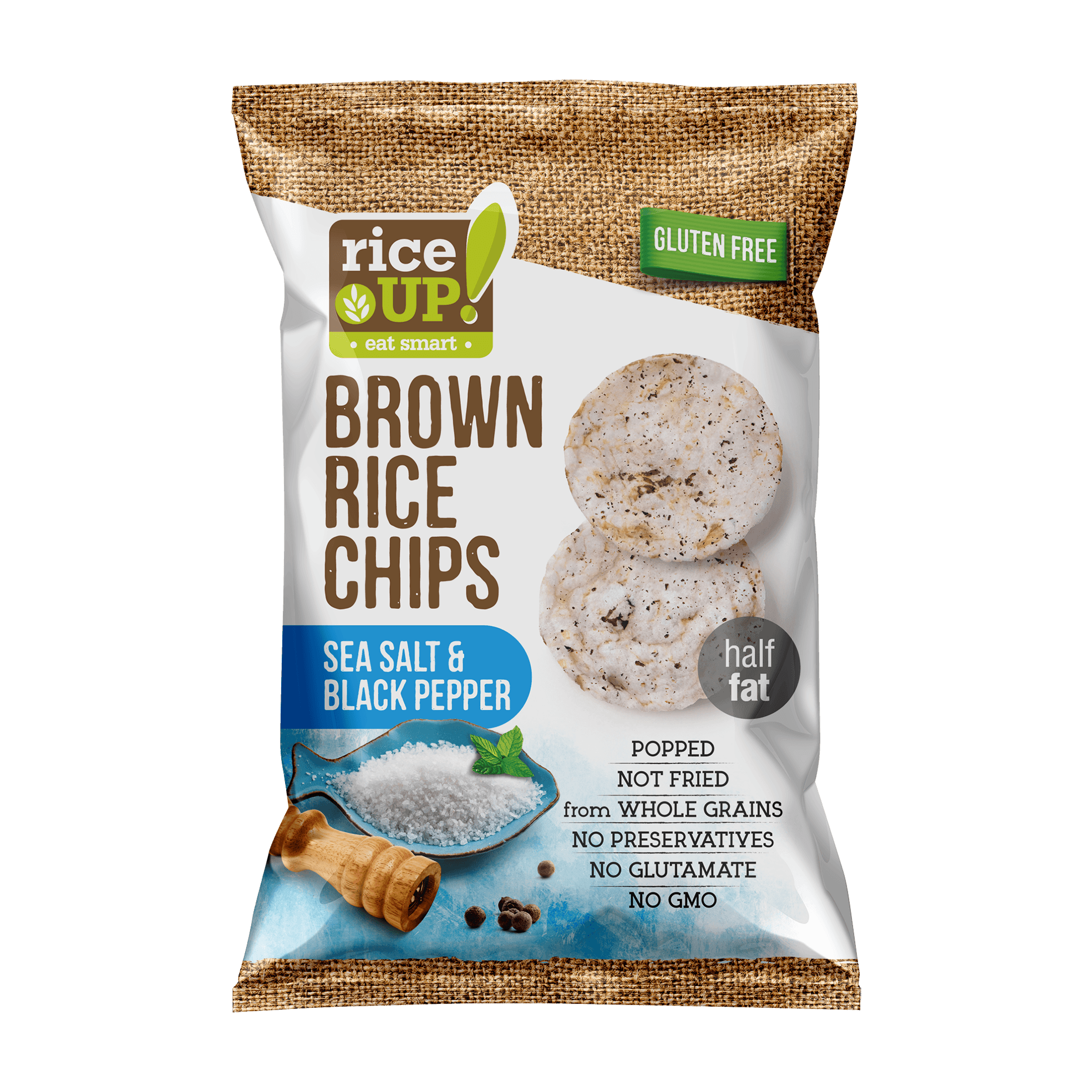 Ryža UP! Celozrnné ryžové chipsy s morskou soľou a čiernym korením 60 g