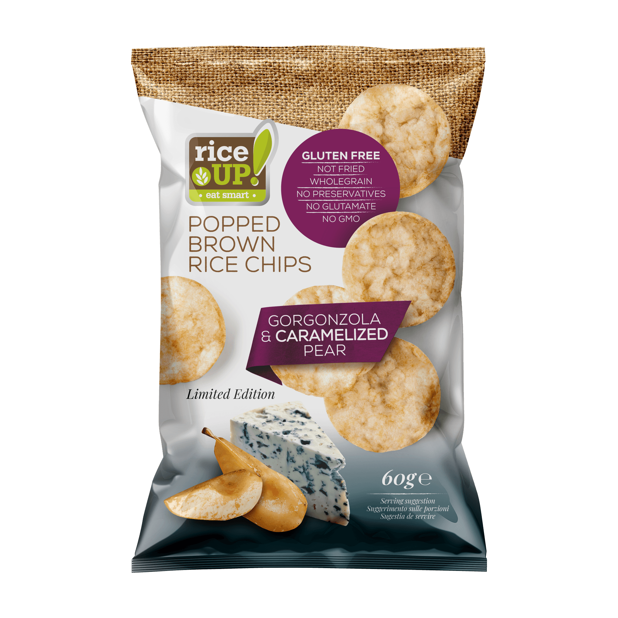 RiceUP! Chrumky z hnedej ryže s príchuťou gorgonzoly a karamelizovanej hrušky 60 g