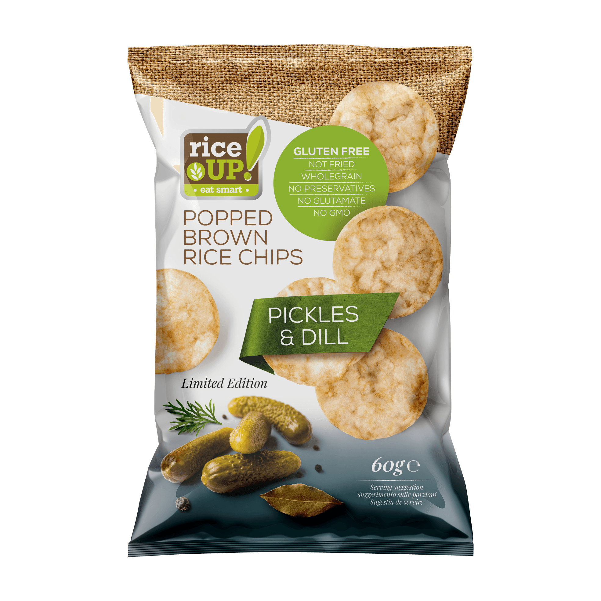 RyžUP! Hnedé ryžové chipsy s príchuťou uhorky a kôpru 60 g