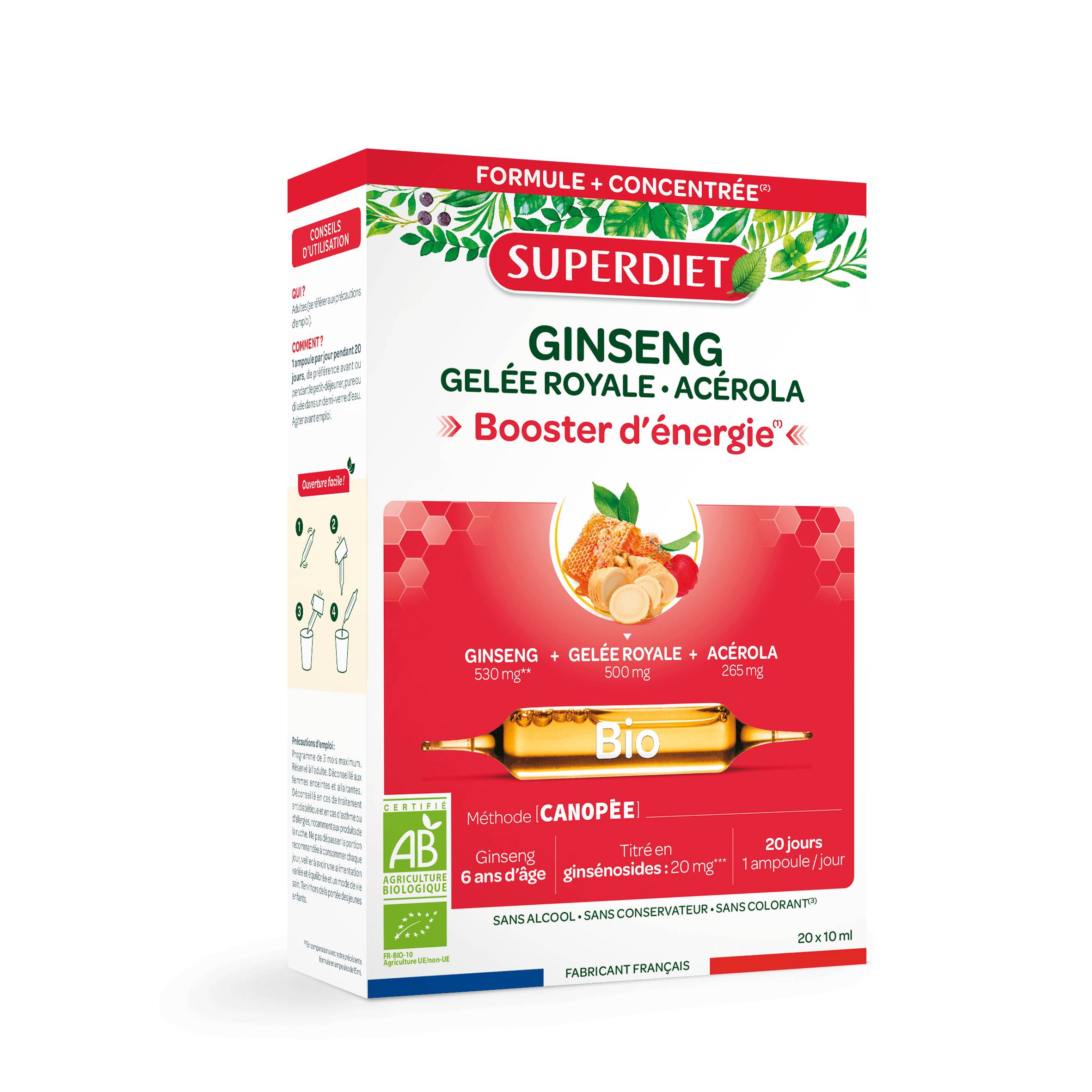 Superdiet materská kašička + ženšen + acerola energy booster ampulka 20x10ml 200 ml